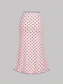 SHEIN MOD 女士粉色波点不对称下摆蝴蝶结上衣和鱼尾裙优雅套装 - 粉色 - 查看 7