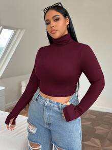 SHEIN EZwear Plus High Neck Thumb Hole Crop Tee Spring Clothes/Winter - Burgundy - View 3