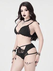 ROMWE Gothic Triangle Bra And Panty Set, Sexy Lingerie - Black - View 4