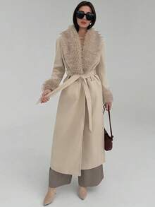Aloruh Damen eleganter Mantel mit Kunstfellbesatz an Ärmeln und Kragen, Herbst/Winter - Khaki - Übersicht 3