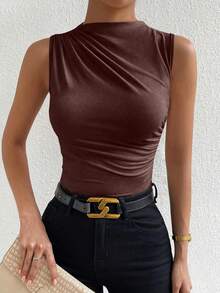 SHEIN PETITE Tank Top Lipit Leher Tinggi Kasual Modis, untuk Wanita Bertubuh Mungil - Coklat - View 6