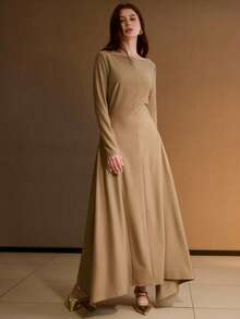 MOTF PREMIUM 船领针织连衣裙，深卡其色 - 卡其色 - 查看 6