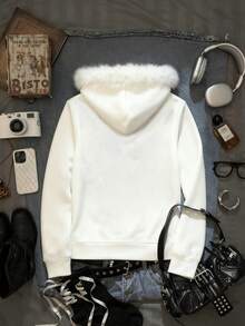 SHEIN EZwear Gray Gothic Style Women Rhinestone & Faux Fur Hooded Sweatshirt, Zip-Up Sweatshirt, Gray Sweatshirt, Women Sweatshirt, B2 - Multicolor - View 2