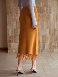 MOTF PREMIUM SOLID FRINGE HEM SWEATER SKIRT - Apricot - View 3