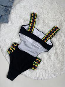 Swim Vcay Graphic Print Ribbed Cutout One-Piece Swimsuit - Black - View 2