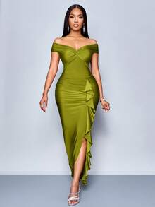 SOLERSUN 夏秋季女士服装派对酒红色露肩短袖前胸中心结侧褶前开衩荷叶边长裙 - 綠色 - 查看 4