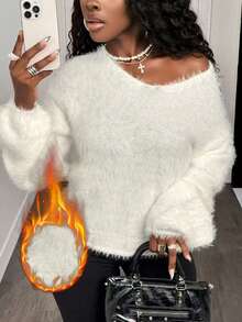 SHEIN Unity Women's V-Neck Long Sleeve Fluffy White Loose Casual Sweater - White - View 1