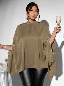 Firerie 中式立领斗篷式宽松蝙蝠袖衬衫，珍珠亮片装饰，优雅大码女式衬衫，适合情人节、音乐会、演出、约会、正式场合、通勤、返校、浪漫、办公室穿着、美人鱼风格、生日派对 - 卡其色 - 查看 6