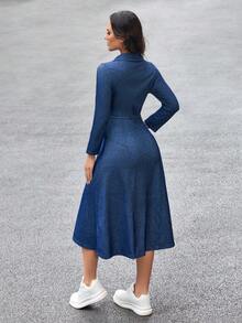 Flexra 女士翻领长袖单排扣休闲通勤牛仔连衣裙 - 藍色 - 查看 2