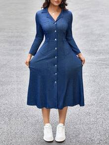 Flexra 女士翻领长袖单排扣休闲通勤牛仔连衣裙 - 藍色 - 查看 7