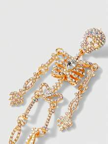 ROMWE Goth 2pcs Fully Rhinestone Halloween Skull Earrings, Suitable For Daily Wear - Gold - View 4