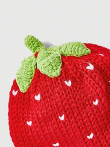 ROMWE Kawaii 1 件可爱红色草莓设计针织女帽，手工钩针保暖帽，适合秋冬季日常休闲帽情人节 - 紅色 - 查看 4