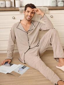 CoupledUp 男士休闲宽松磨毛V领长袖睡衣套装，秋冬款 - 卡其色 - 查看 5