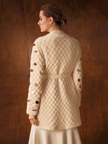 MOTF PREMIUM SEQUIN TEXTURE KNIT BELTED CARDIGAN - Apricot - View 4