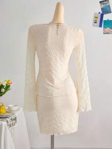 Teen Girls Apricot Solid Textured Knit Fabric Casual Vacation Button V-Neck Long Sleeve Cardigan And Mini Skirt 2-Piece Set, Suitable For Dates, Afternoon Tea, Beach, Cruise, City Vacation, All Seasons, Wedding, Music Festival Top And Skirt Set - Apricot - View 2