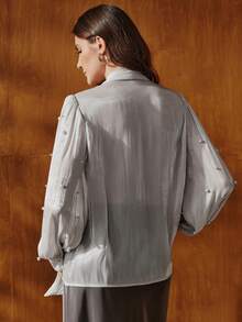 Anewsta Blouse femme printemps/été avec nœud papillon et design de faux perles - Argent - Voir 7