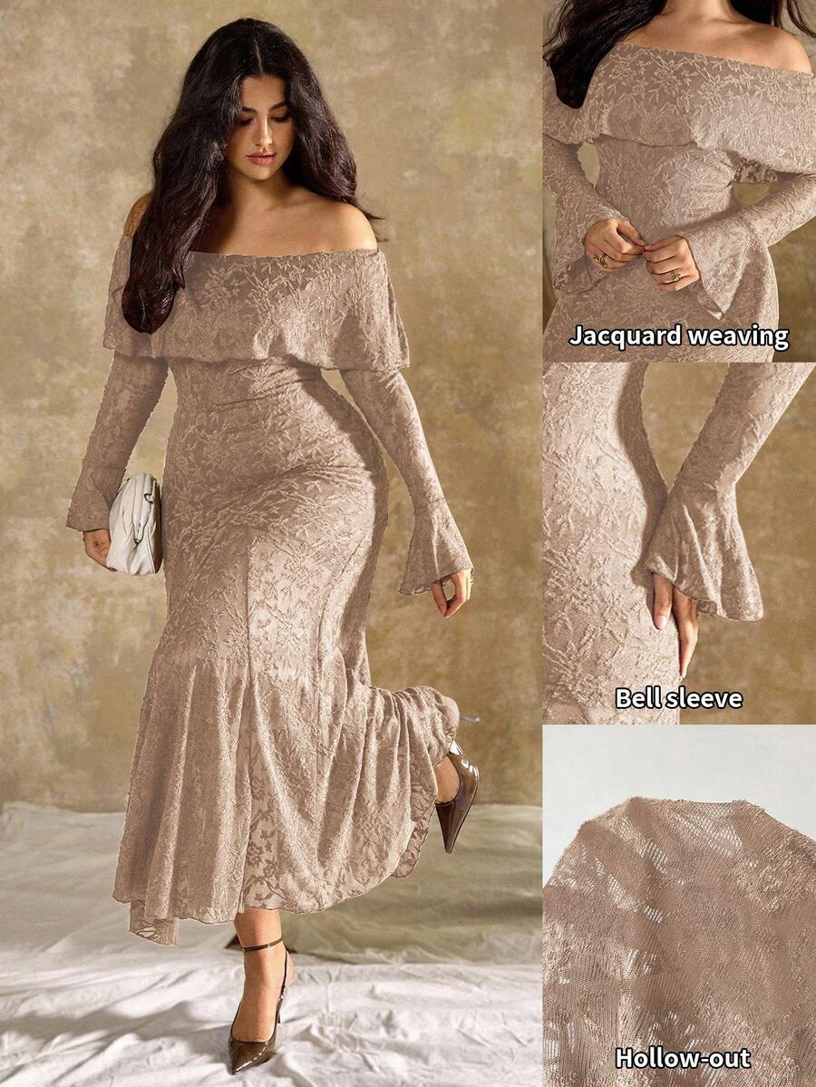 Roveilla Váy đuôi cá hở vai họa tiết hoa mẫu đơn kiểu Pháp cỡ lớn dành cho nữ - Màu be - Xem 1