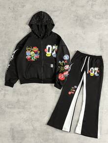 ROMWE MEN Street Life Men's Loose Cropped Sweatshirt Sweatshirt Set With Shiny Sequin Decor, Streetwear - Black and White - View 1