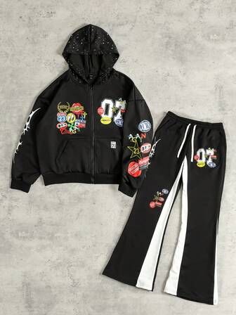 Street Life Men's Loose Cropped Sweatshirt Sweatshirt Set With Shiny Sequin Decor, Streetwear