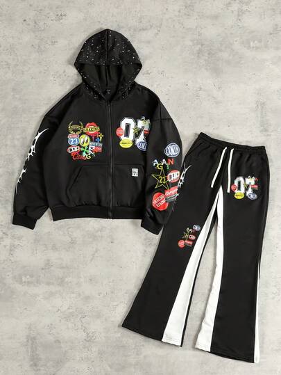 Street Life بدلة بلوزة رياضية فضفاضة قصيرة للرجال مع زخرفة من الترتر اللامع، ملابس الشارع