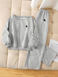 SHEIN Tween-Mädchen 2-teiliges lässiges, sportliches Sweatshirt-Set im Preppy-Stil mit Pony-Logo, Herbst & Winter - Hellgrau - Übersicht 5