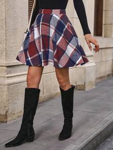 SHEIN LUNE Plaid Print Random Cut Casual Versatile Skirt - Burgundy - View 6