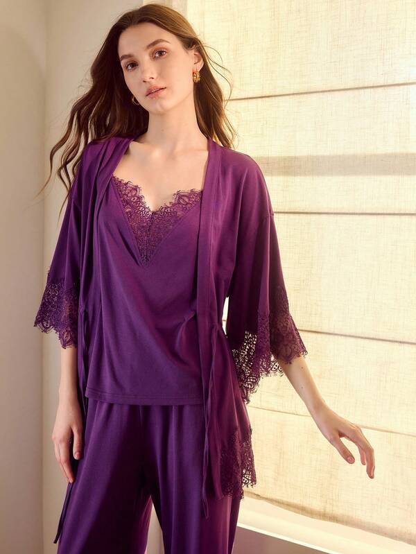 MOTF PREMIUM Conjunto de pijama de top tipo camiseta y pantalones de punto con aplicación de encaje, cómodo y elegante