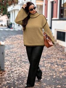 Vionelle Plus Size Women Knitted Pullover Sweater, Elegant Fashion Color Block Loose Fit Casual Versatile Top, Autumn/Winter Fall Sweater Jumper For Woman Brown Sweater Women Sweater Knitted Sweater - Khaki - View 5