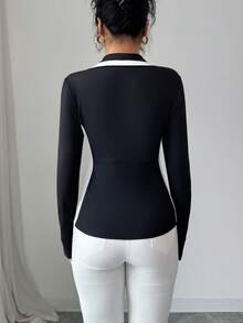 Elenzga 女士优雅修身针织拼接撞色翻领上衣/T恤，适合秋季、万圣节、圣诞节穿着。 - 黑與白 - 查看 5