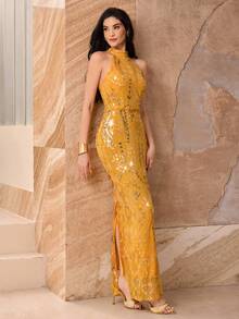 Modelyn 优雅亮片刺绣修身奢华女式连衣裙 - 黃色 - 查看 6