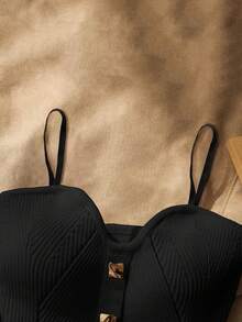 INAWLY Áo len dệt kim gân dây mảnh tối giản trang trí nút cỡ lớn - màu đen - Xem 3