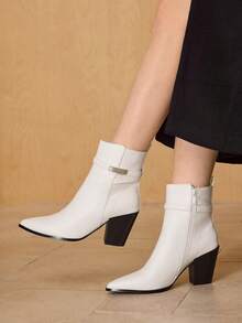 MOTF BOTAS DE TOBILLO DE TACÓN GRUESO DE PUNTA FINA PARA MUJER - Blanco - Ver 3