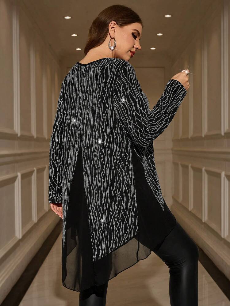 プラスサイズ女性用 冬 エレガントパーティー カジュアル ブラック 長袖 スパンコール パッチワーク フロント ショート バック ロング ゆったり ファッションTシャツトップ、秋冬、外出、2025年新作、シンプルでファッショナブル、デイリー使い、プラスサイズ冬、快適で通気性、クリスマス、新年