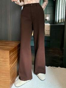 DAZY 女士休闲宽松水洗阔腿牛仔裤，秋季款 - 棕色 - 查看 3