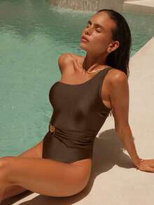 Swim Chiccia Fashion 2026 Women's Elegant Brown Sculpt Ribbed Knit One Shoulder One Piece Swimsuit, Tummy Control Slimming Monokini With Gold Metal Buckle Waist Detail, Casual Elegant Asymmetric Neck High Cut Cheeky Swimwear For Summer Vacation Beach Resort Wear, Holiday Outfits Pool Party Elegant Brown One Piece Bathing Suit For Women - Brown - View 5