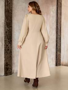 Roveilla 大码女士优雅黄色方领泡泡袖收腰连衣裙，春秋季 - 卡其色 - 查看 2