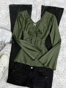 Rina Fox Women's Elegant Satin V-Neck Flare Sleeve Top, Green - Green - View 1