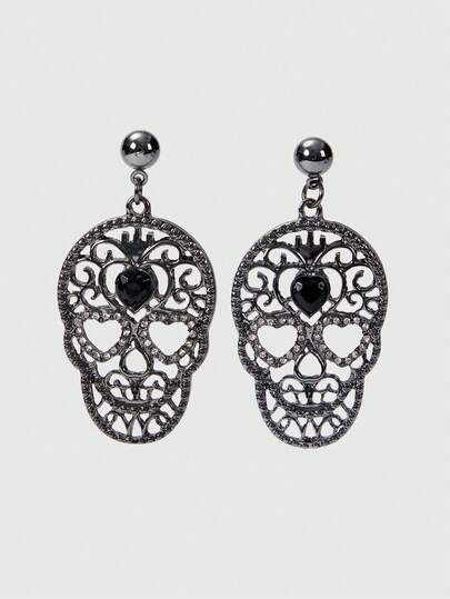 ROMWE Goth 1 对哥特式女士时尚耳环 - 镂空金属骷髅头设计镶嵌水钻，适合时尚派对、万圣节和日常佩戴
