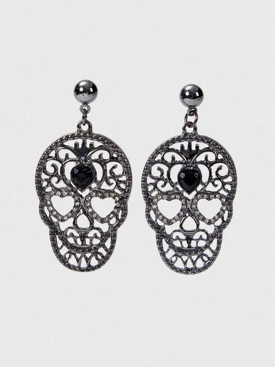 ROMWE Goth 1 对哥特式女士时尚耳环 - 镂空金属骷髅头设计镶嵌水钻，适合时尚派对、万圣节和日常佩戴 - 槍黑色 - 查看 1