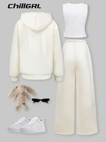 SHEIN ChillGRL 3pcs/Set Teen GirlCasual Outfit, Including Hooded Zip-Up Sweatshirt With Horse Print, White Tank Top, And Elastic Waist Straight Leg Pants, Autumn