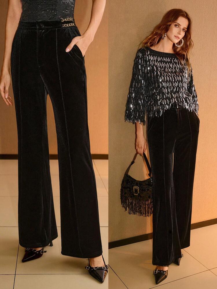 AUTUMN/WINTER VELVET SEAM FRONT FLARE LEG SUIT PANTS WITH METAL CHAIN DECOR