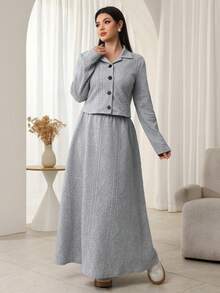 Modelyn 2pcs Women Front Button Long Sleeve Top And Skirt Set, Fashionable For Outings In Autumn/Winter - Light Grey - View 3