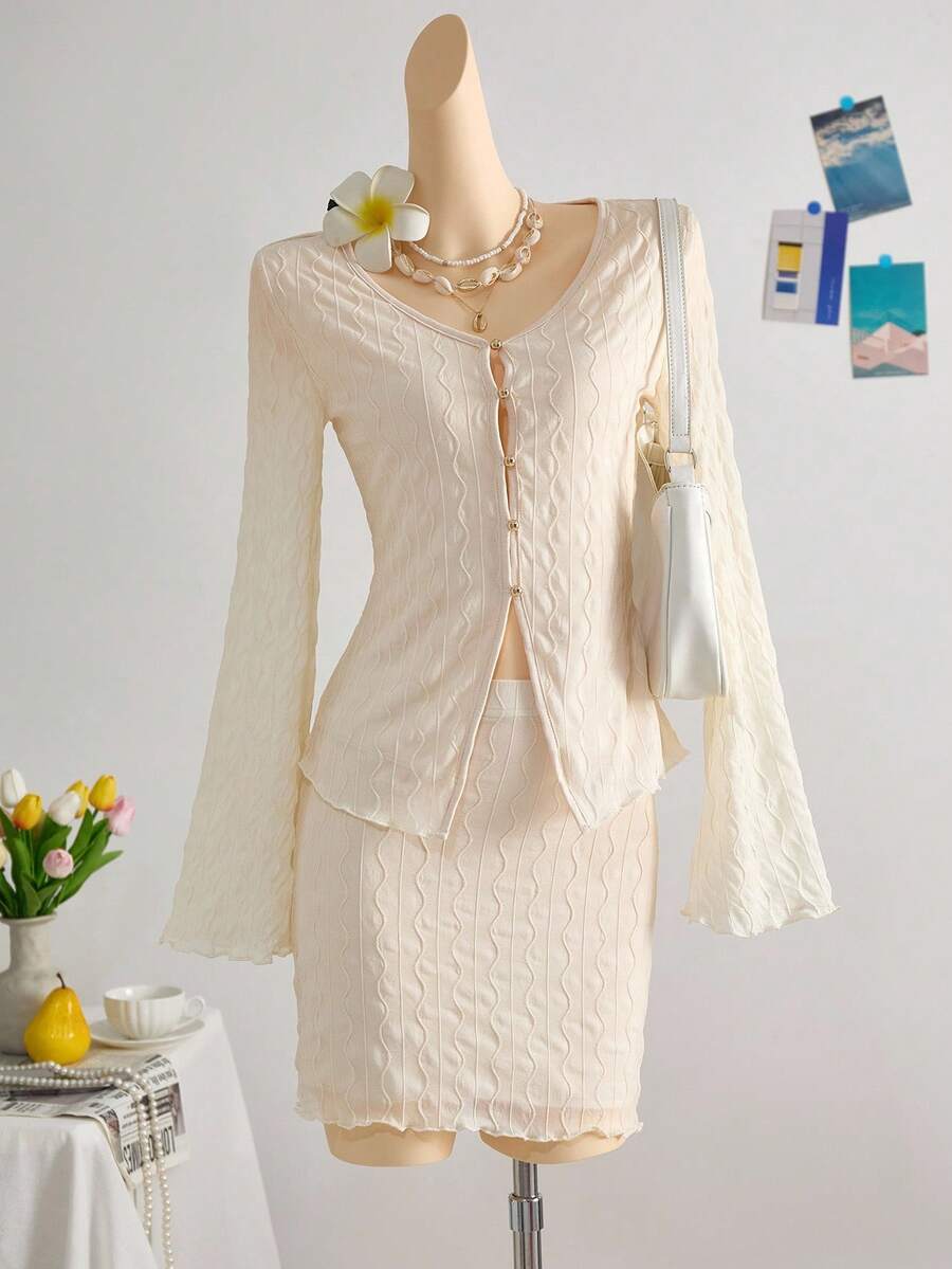 Teen Girls Apricot Solid Textured Knit Fabric Casual Vacation Button V-Neck Long Sleeve Cardigan And Mini Skirt 2-Piece Set, Suitable For Dates, Afternoon Tea, Beach, Cruise, City Vacation, All Seasons, Wedding, Music Festival Top And Skirt Set - Apricot - View 1