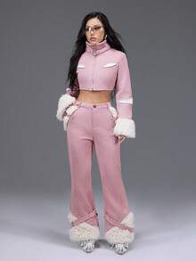 Almamuse 女款純色口袋與鈕扣裝飾優雅長褲，適合度假派對，秋冬粉色冬季款 - 粉色 - 查看 6
