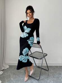 Elenzga Square Neck Jacquard Knit Bodycon Waist Sweater Dress - Baby Blue - View 4