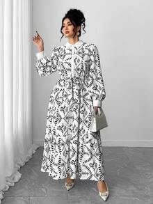 Elenzga Women's Fashionable Elegant Turndown Collar Long Sleeve Waist Cinched Shirt Dress - Multicolor - View 5