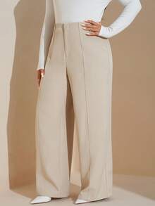 SHEIN Tall CURVE 大码女士浅米色西装裤，通勤优雅约会工作裤，商务休闲女士 - 杏色 - 查看 3
