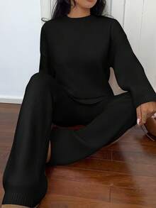 Sunnyshic Women's Solid Color Long Sleeve Sweater And Knitted Pants Set Fall Winter Cloth For Women