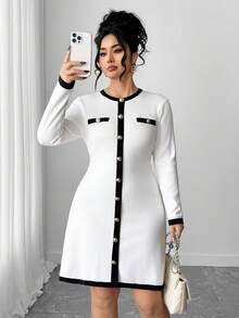 Elenzga Elegant & Fashionable Color Block Trim Plus Size Women Single-Breasted Knitted Dress, Autumn/Winter - White - View 1