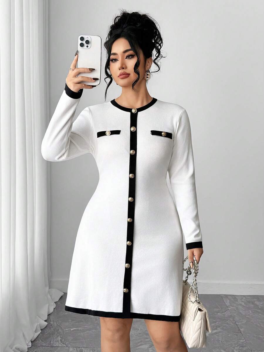 Elenzga Elegant & Fashionable Color Block Trim Plus Size Women Single-Breasted Knitted Dress, Autumn/Winter - White - View 1